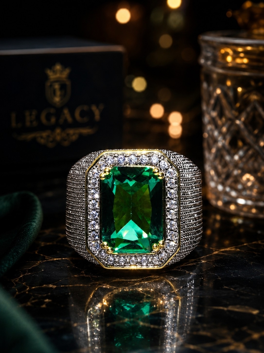 Men's Emerald Green Statement Ring Gold Tone Iced CZ Pave Cocktail Ring Size 8